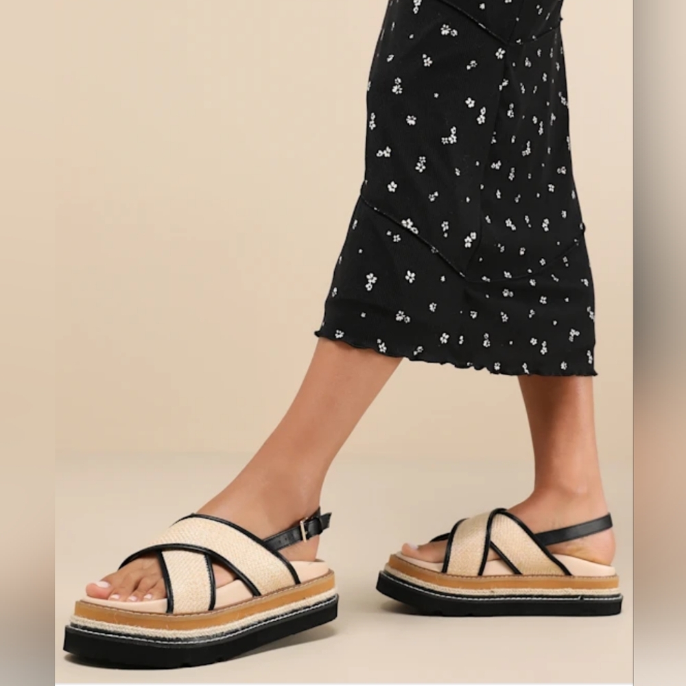 NWT Lemonade Mahdis Natural Raffia Black Woven Slingback Flatform Sandals Sz 10